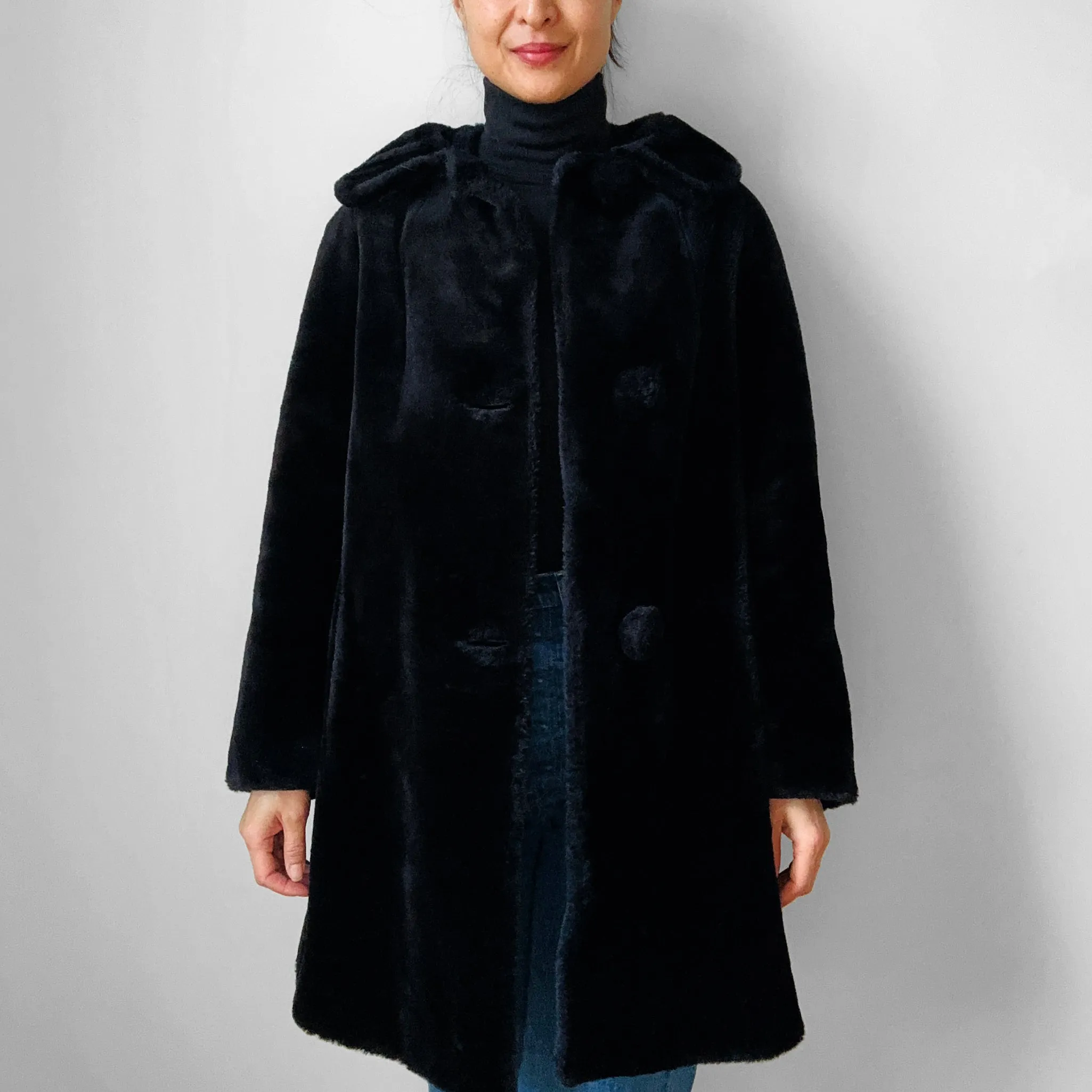 1960s Black Faux Fur A-Line Big Button Bell Sleeve Jacket - Sz. XS / S