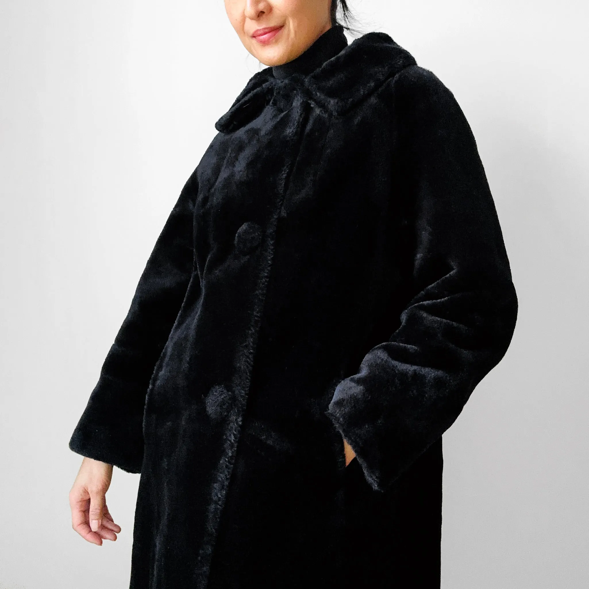 1960s Black Faux Fur A-Line Big Button Bell Sleeve Jacket - Sz. XS / S