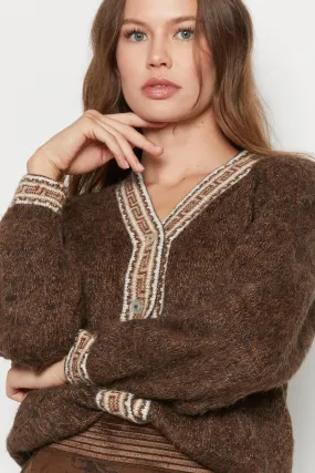 70s Fuzzy Brown Aztec Cardigan S/M