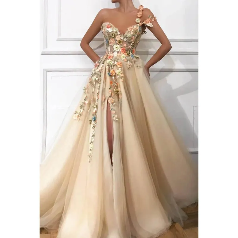 A-line One Shoulder Tulle Appliques Long Prom Dress with Slit