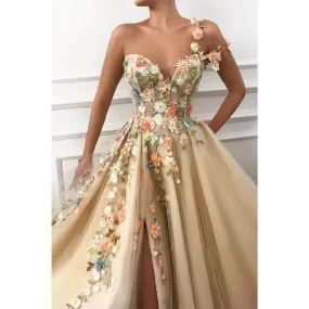 A-line One Shoulder Tulle Appliques Long Prom Dress with Slit