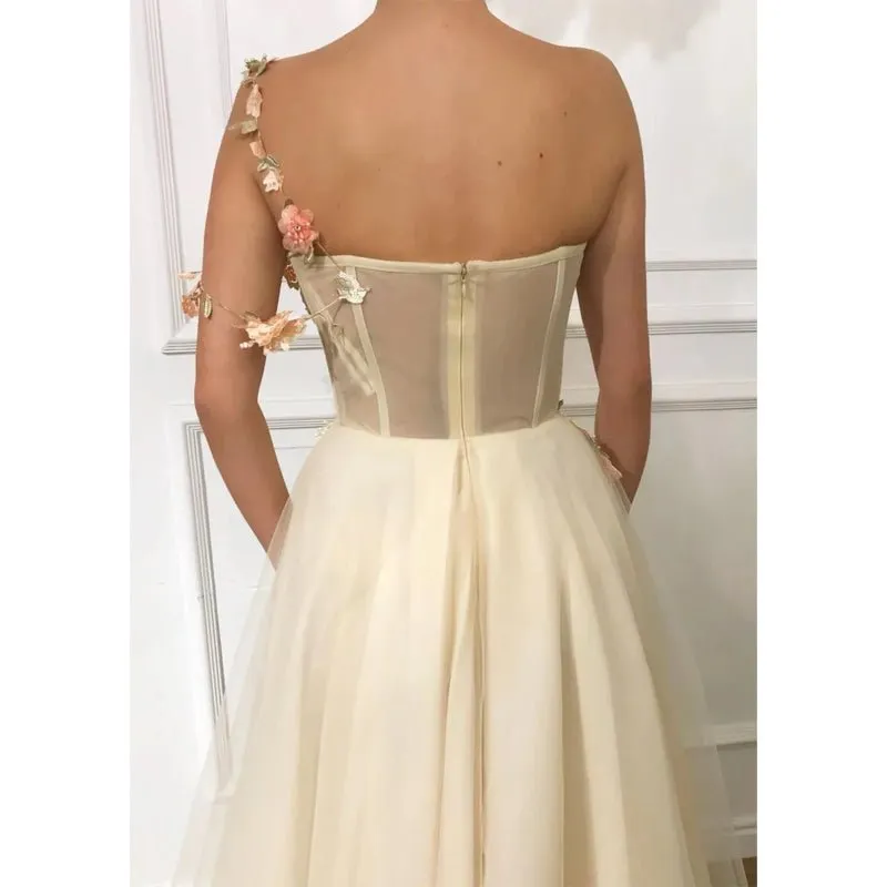 A-line One Shoulder Tulle Appliques Long Prom Dress with Slit