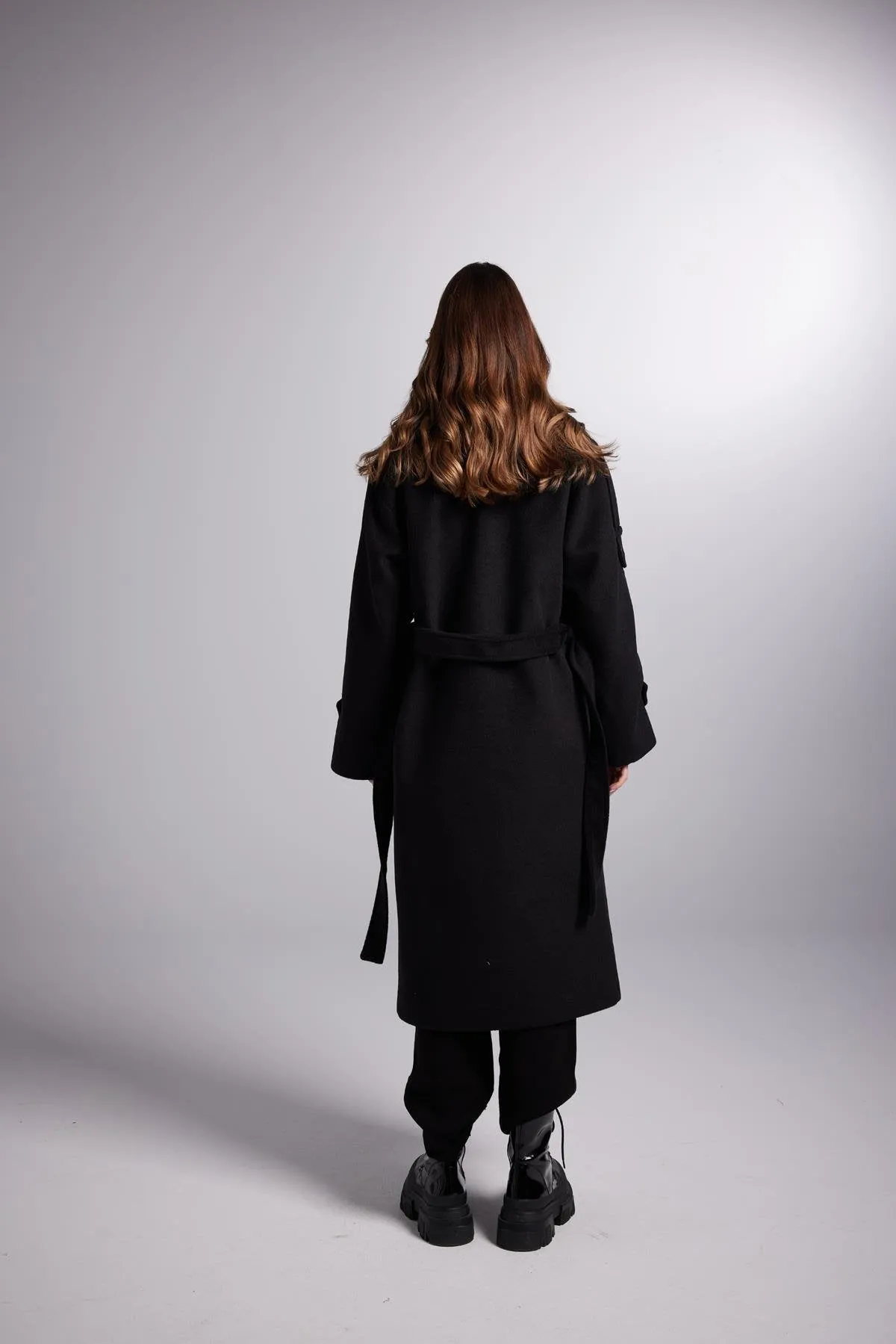 Accessorized Wool Blended Cashmere Maxi Woody Black Coat