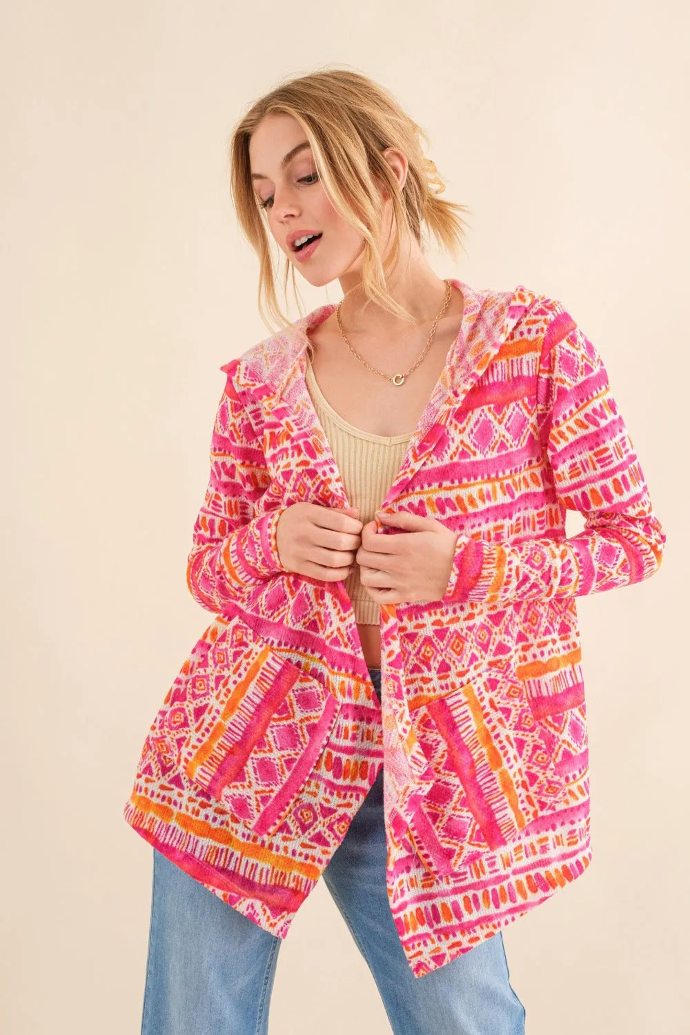 And The Why Full Size Printed Thermal Hooded Open Front Cardigan