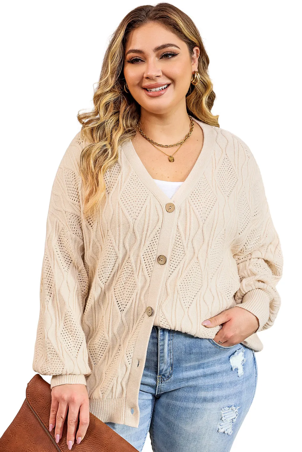 Apricot Knitted Hollow out Button up Plus Size Cardigan