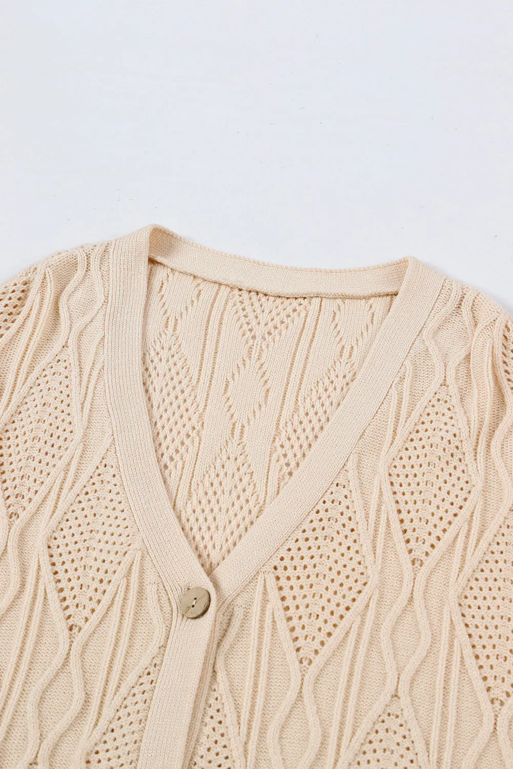 Apricot Knitted Hollow out Button up Plus Size Cardigan