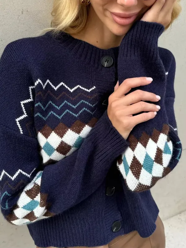 Argyle Check Knit Cropped Cardigan