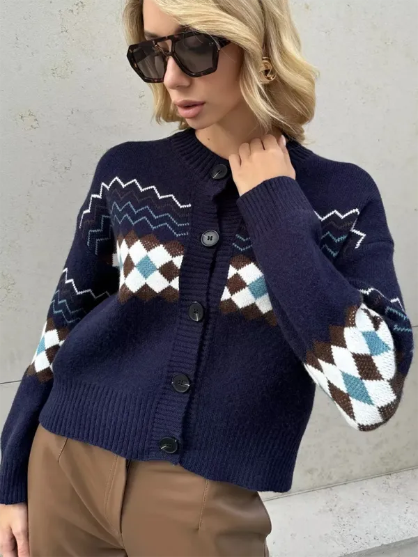 Argyle Check Knit Cropped Cardigan