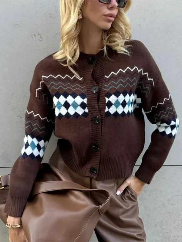 Argyle Check Knit Cropped Cardigan