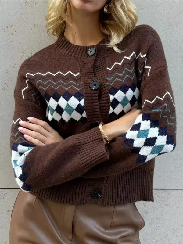 Argyle Check Knit Cropped Cardigan