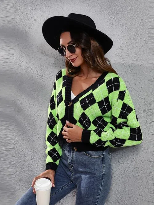 Argyle Print Button Up Long Sleeve Cropped Cardigan | 4 Colors