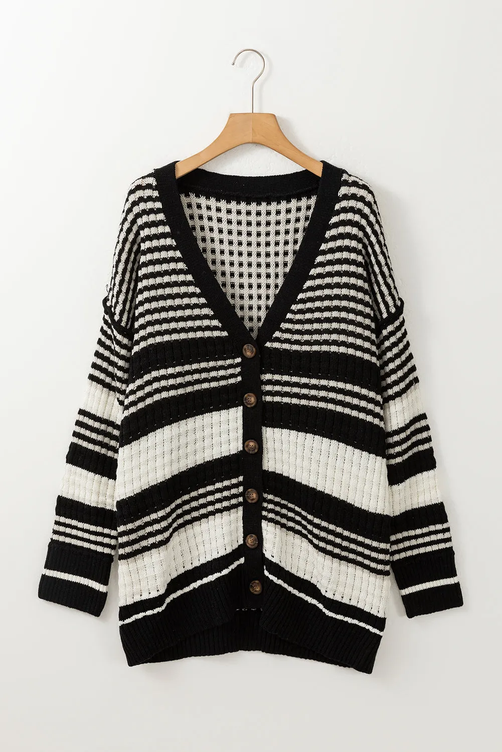 Black Colorblock Textured Knit Buttoned Cardigan