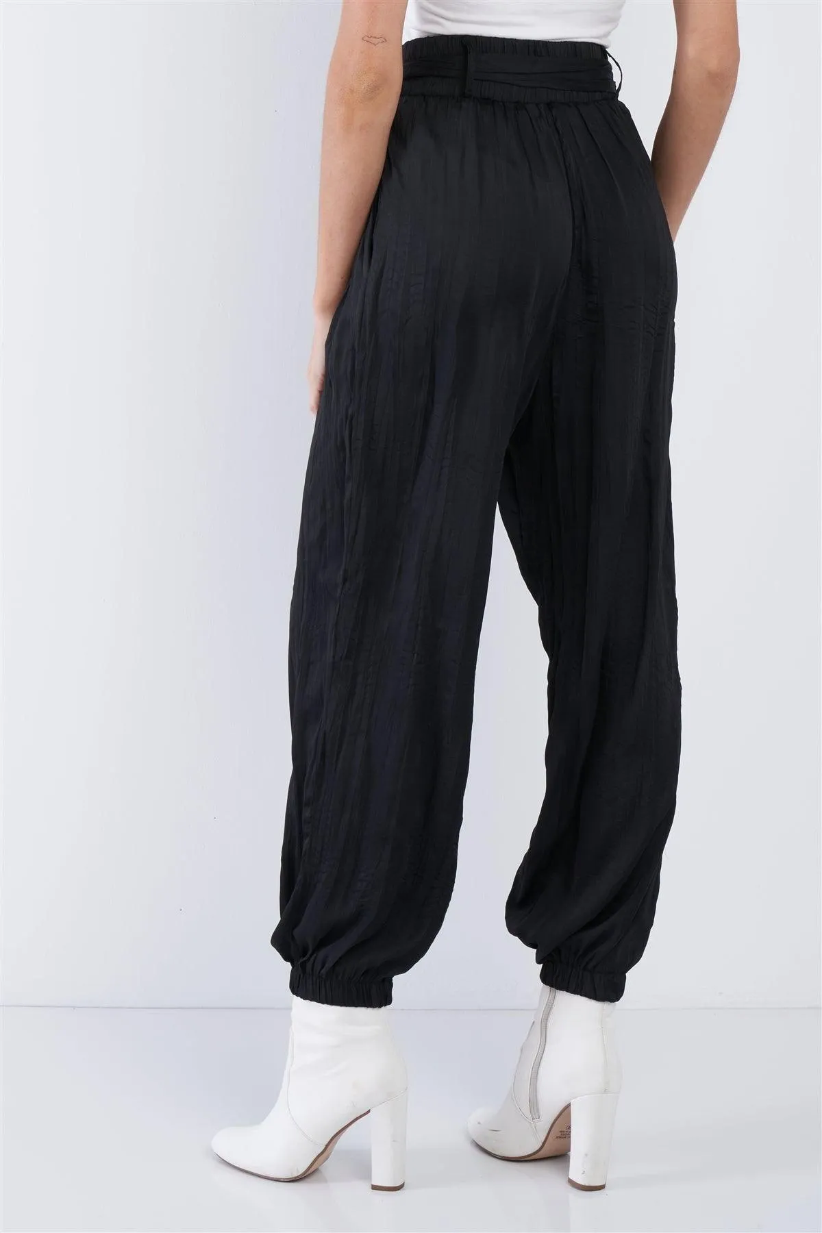 Black Crushed Satin Cinched Ankle Cuff Self Tie Waist Sash Pants /3-2-1