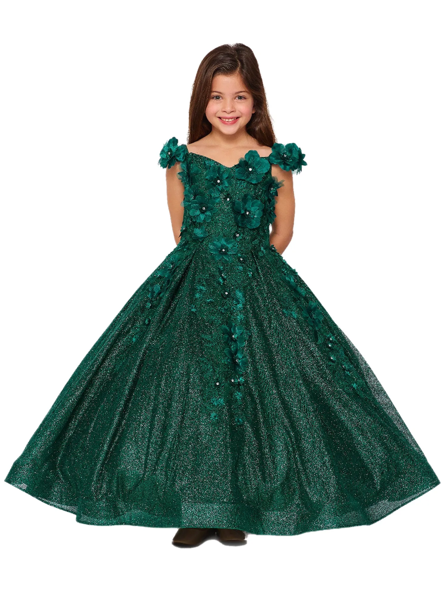 Bliss Little Girls Hunter Green 3D Floral Applique Off Shoulder Ball Gown 2-6