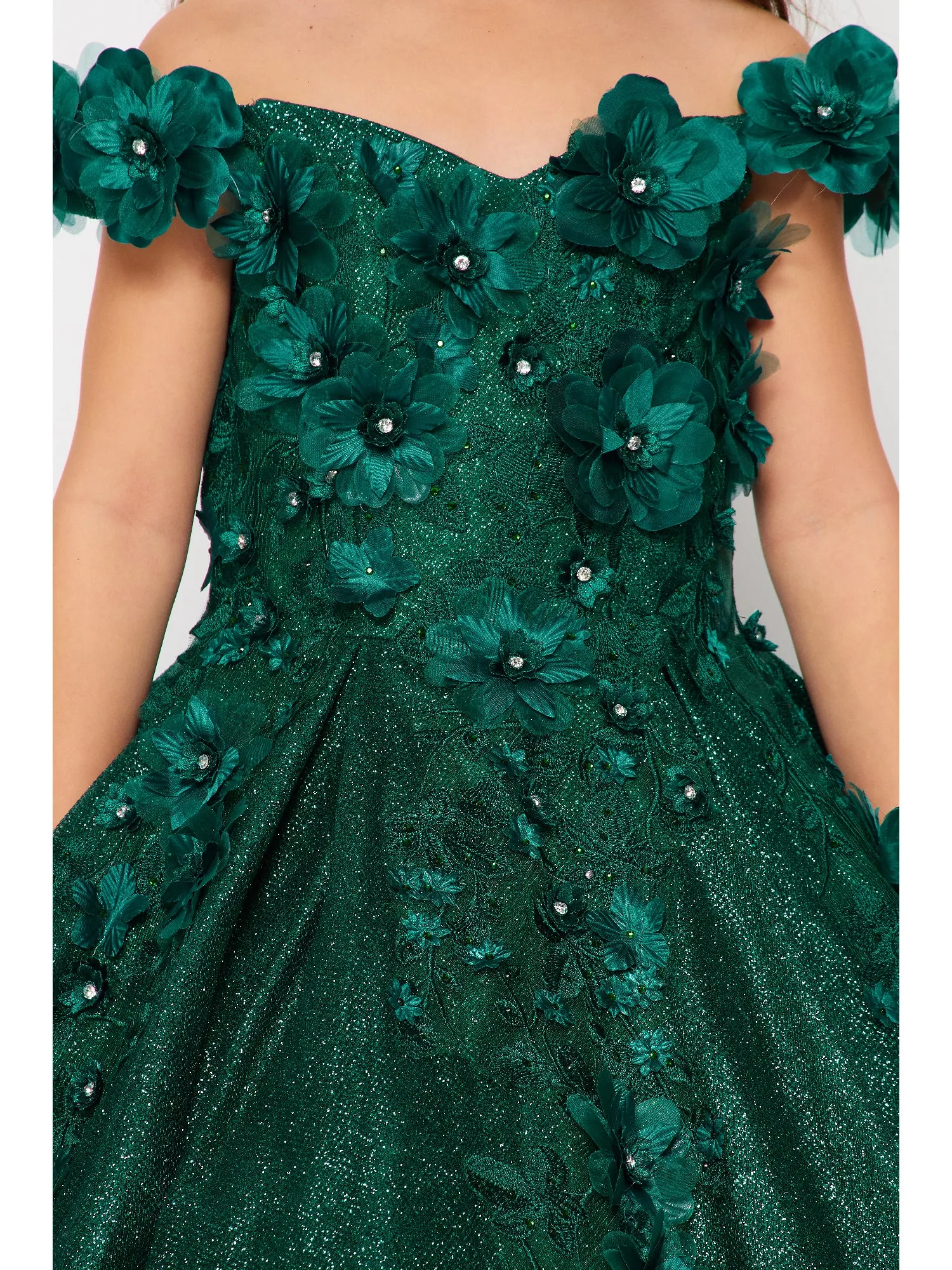 Bliss Little Girls Hunter Green 3D Floral Applique Off Shoulder Ball Gown 2-6