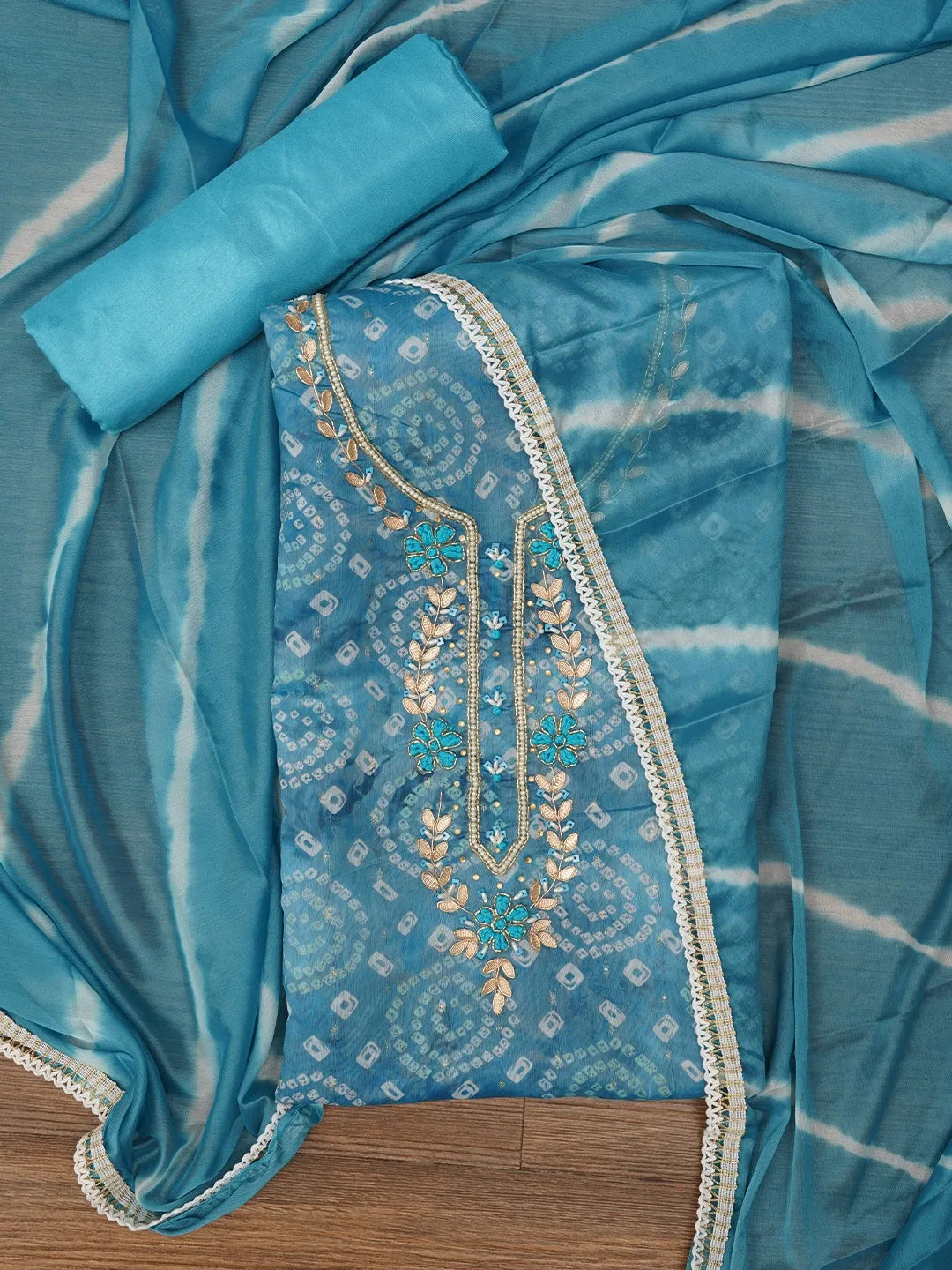 Blue Bandhani Embroidered Dress Material with Leheriya Dupatta