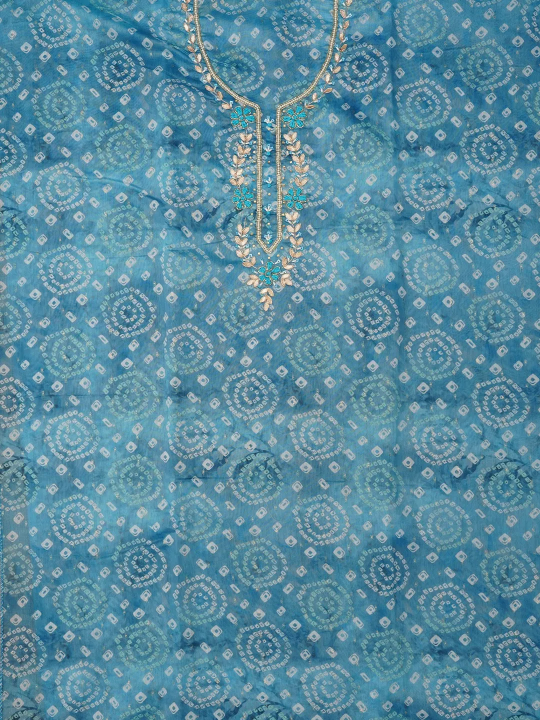 Blue Bandhani Embroidered Dress Material with Leheriya Dupatta