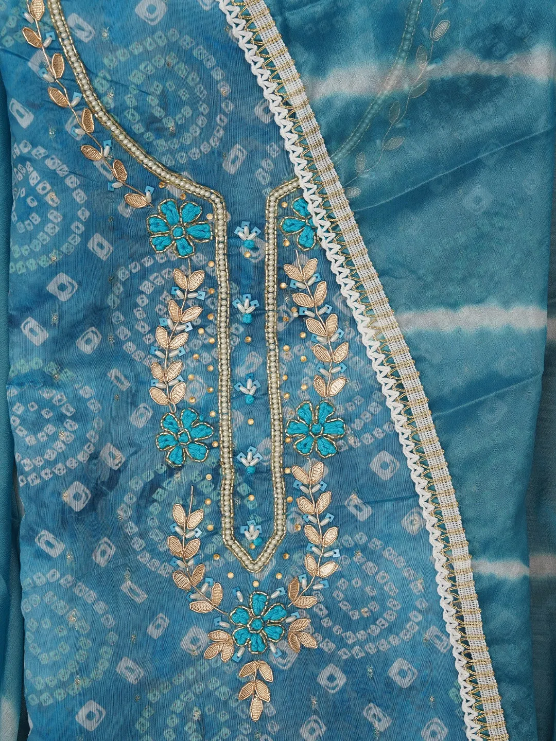 Blue Bandhani Embroidered Dress Material with Leheriya Dupatta