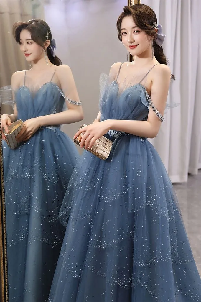 Blue Gorgeous Spaghetti Straps Tiered Tulle Prom Dress, Sparkly Dress With Beading       fg4000