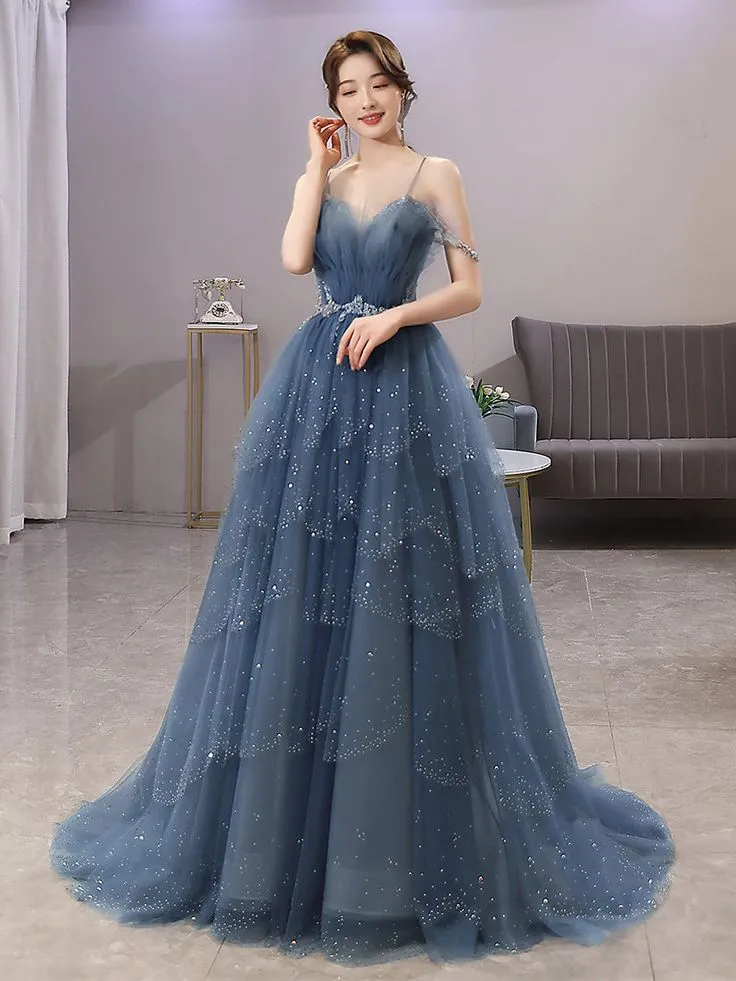 Blue Gorgeous Spaghetti Straps Tiered Tulle Prom Dress, Sparkly Dress With Beading       fg4000