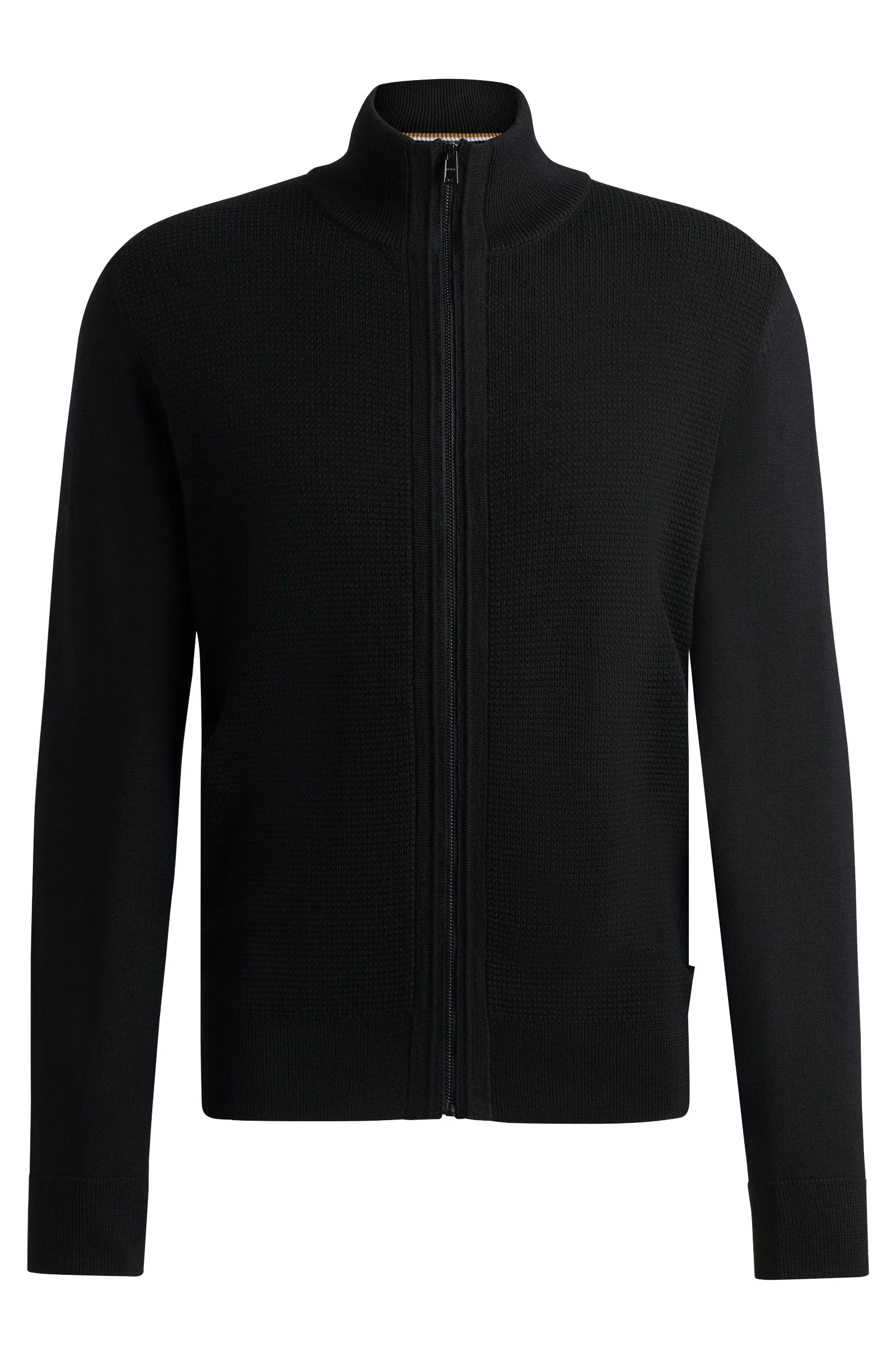 Boss Virgin Wool Zip-Up Cardigan with Mixed Structures - Black