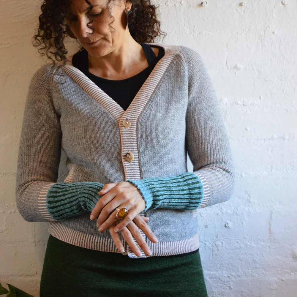 Brioche Cardigan - Alpaca/Cotton - Grey/Peach (9-12y  Women 8-10) *Last One!