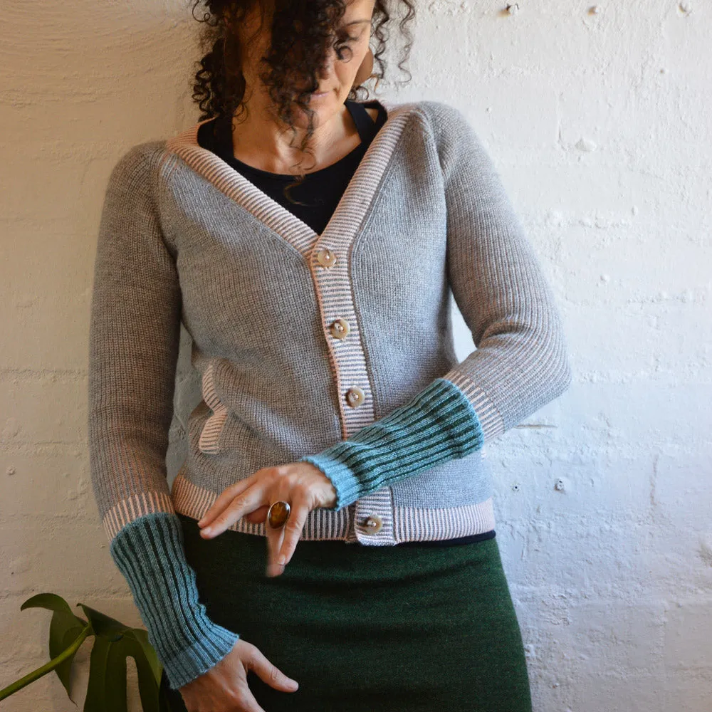 Brioche Cardigan - Alpaca/Cotton - Grey/Peach (9-12y  Women 8-10) *Last One!