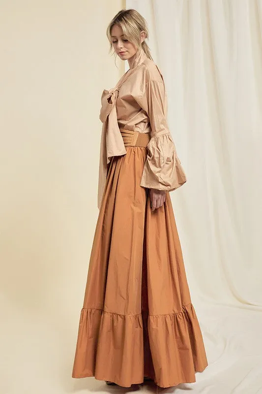 Brown Pocketed Flared Maxi Skirt