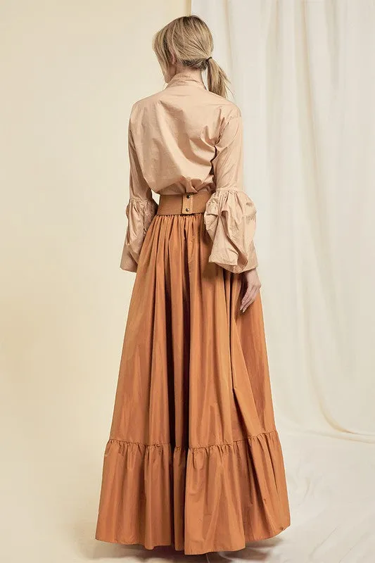 Brown Pocketed Flared Maxi Skirt