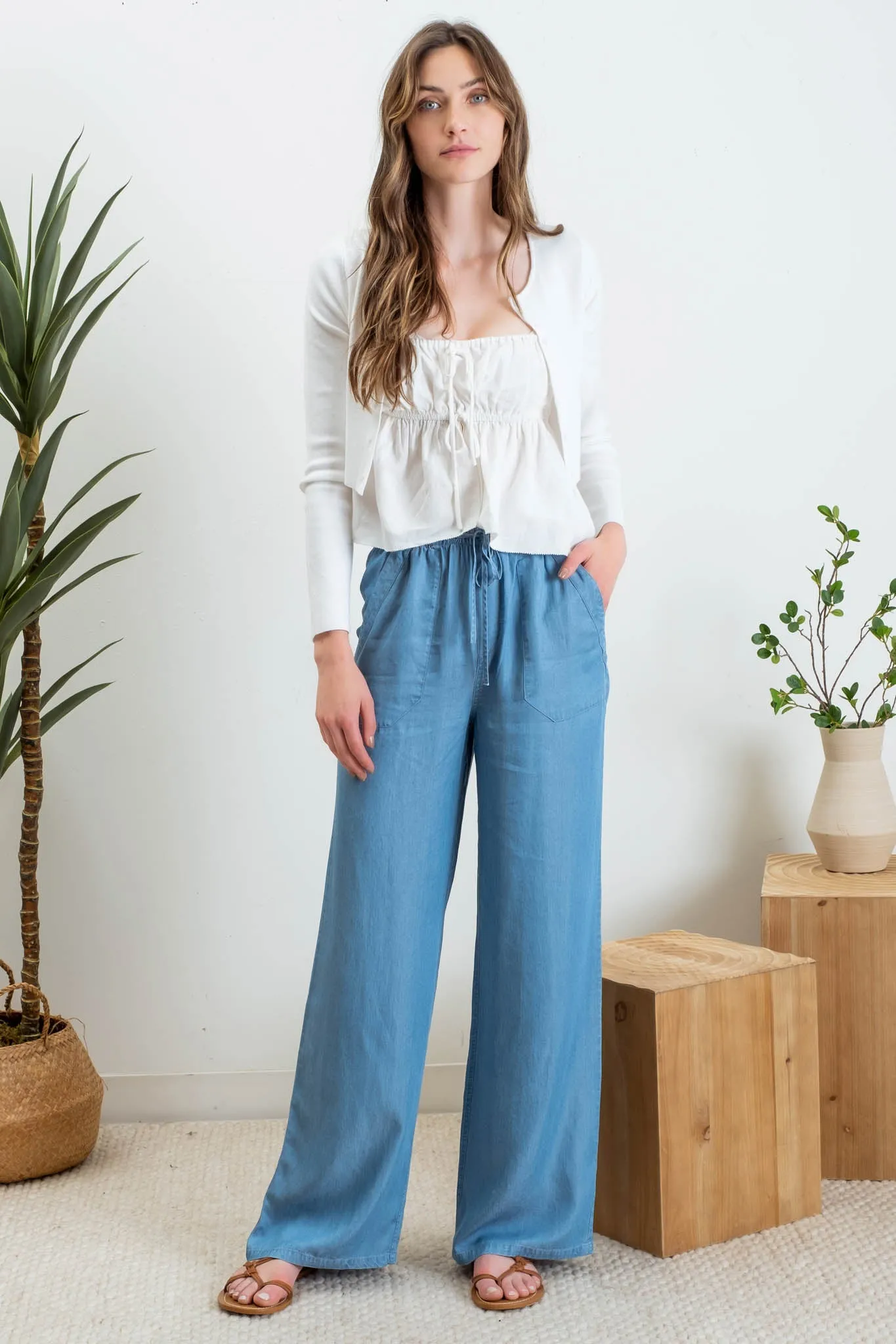 CHAMBRAY HIGH WAIST DRAWSTRING PANTS