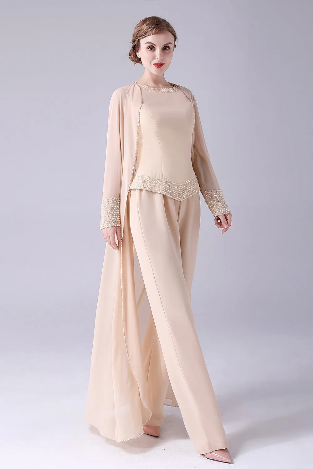 Champagne Long Coat 3 Pieces Mother of the Bride Pant Suits