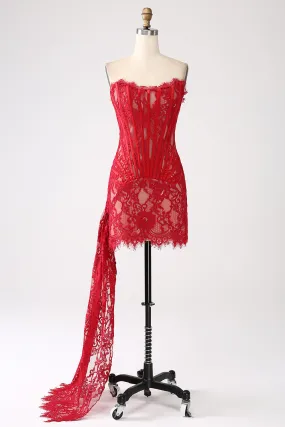 Classy Red Lace Strapless Corset Short Cocktail Dress with Lace-up Back