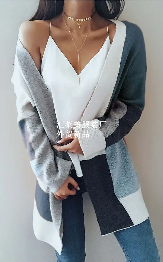 Color Block Patchwork Oversize Women Cocoon Long Cardigan