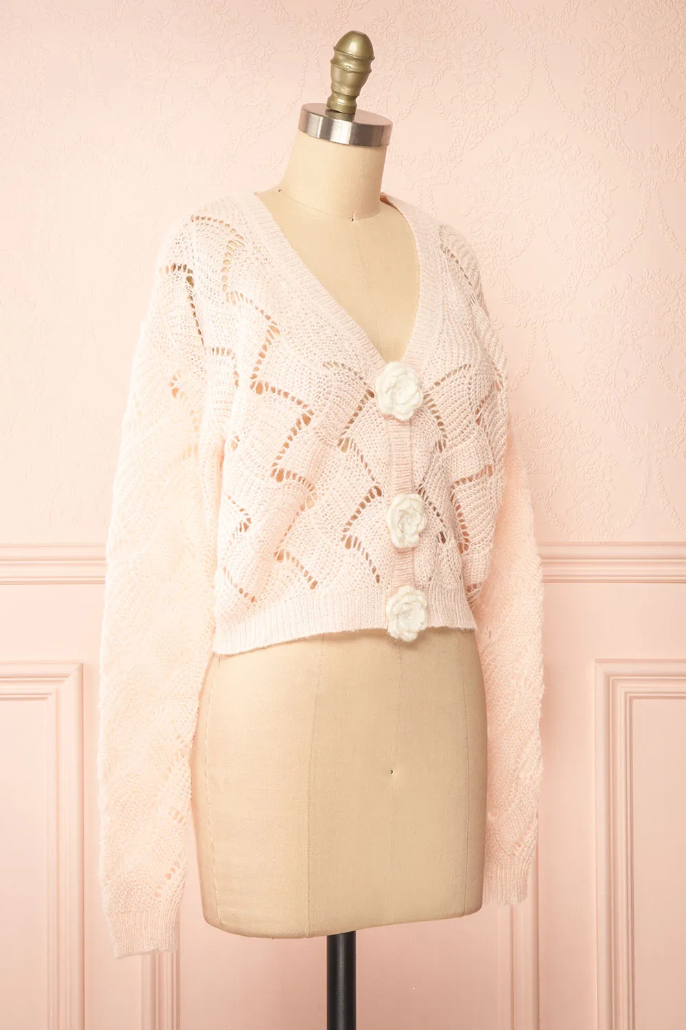 Cupidona | Pink Open-work Crochet Cardigan w/ Flowers