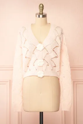 Cupidona | Pink Open-work Crochet Cardigan w/ Flowers