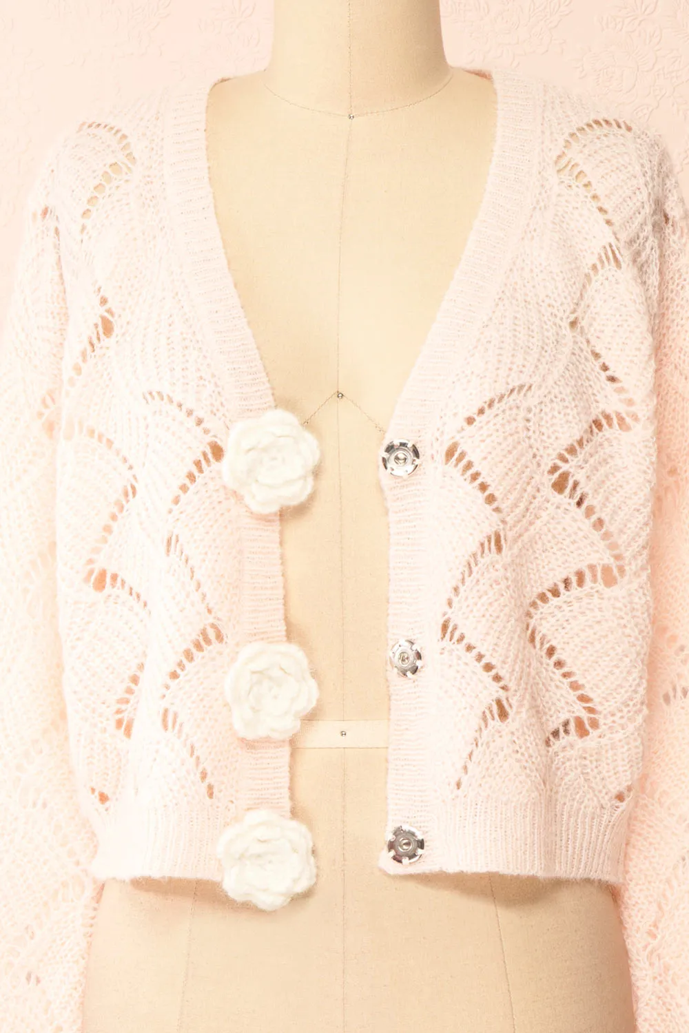 Cupidona | Pink Open-work Crochet Cardigan w/ Flowers