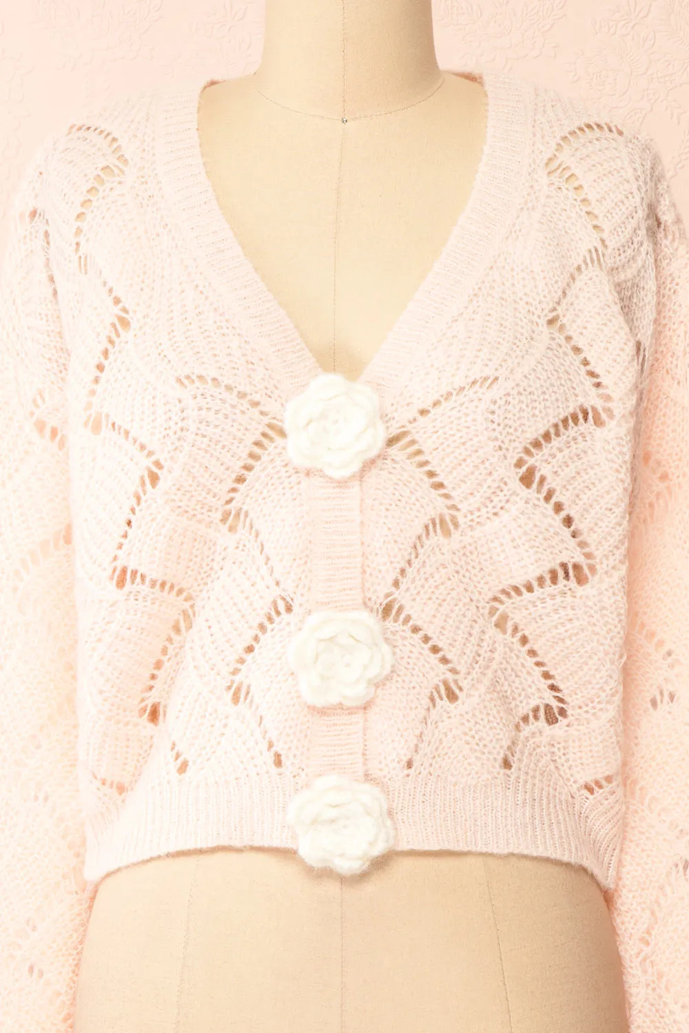 Cupidona | Pink Open-work Crochet Cardigan w/ Flowers