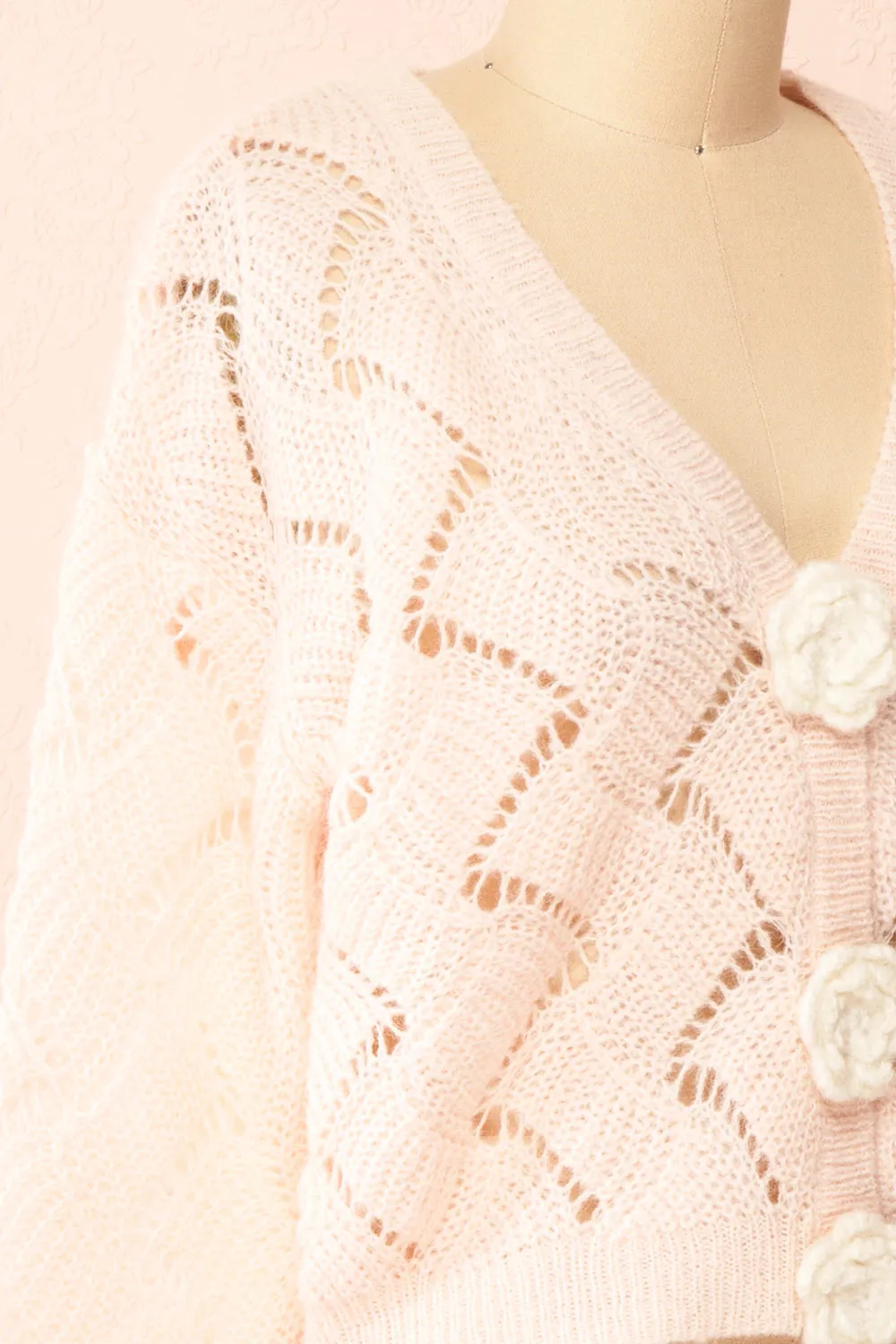 Cupidona | Pink Open-work Crochet Cardigan w/ Flowers