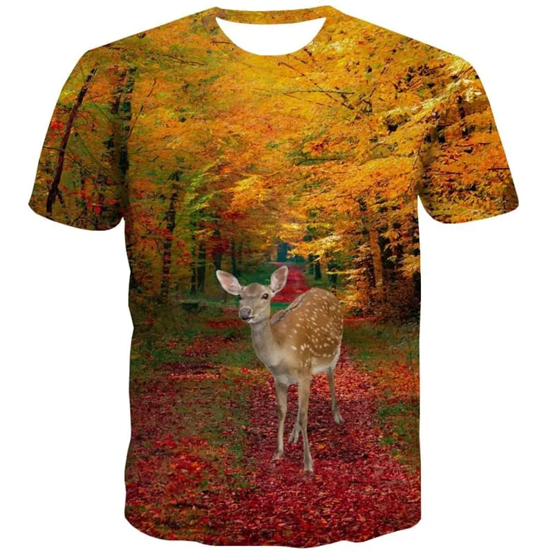 Deer T shirts Men Animal Tshirts Casual Tree Tshirts Novelty Landscape T-shirts 3d