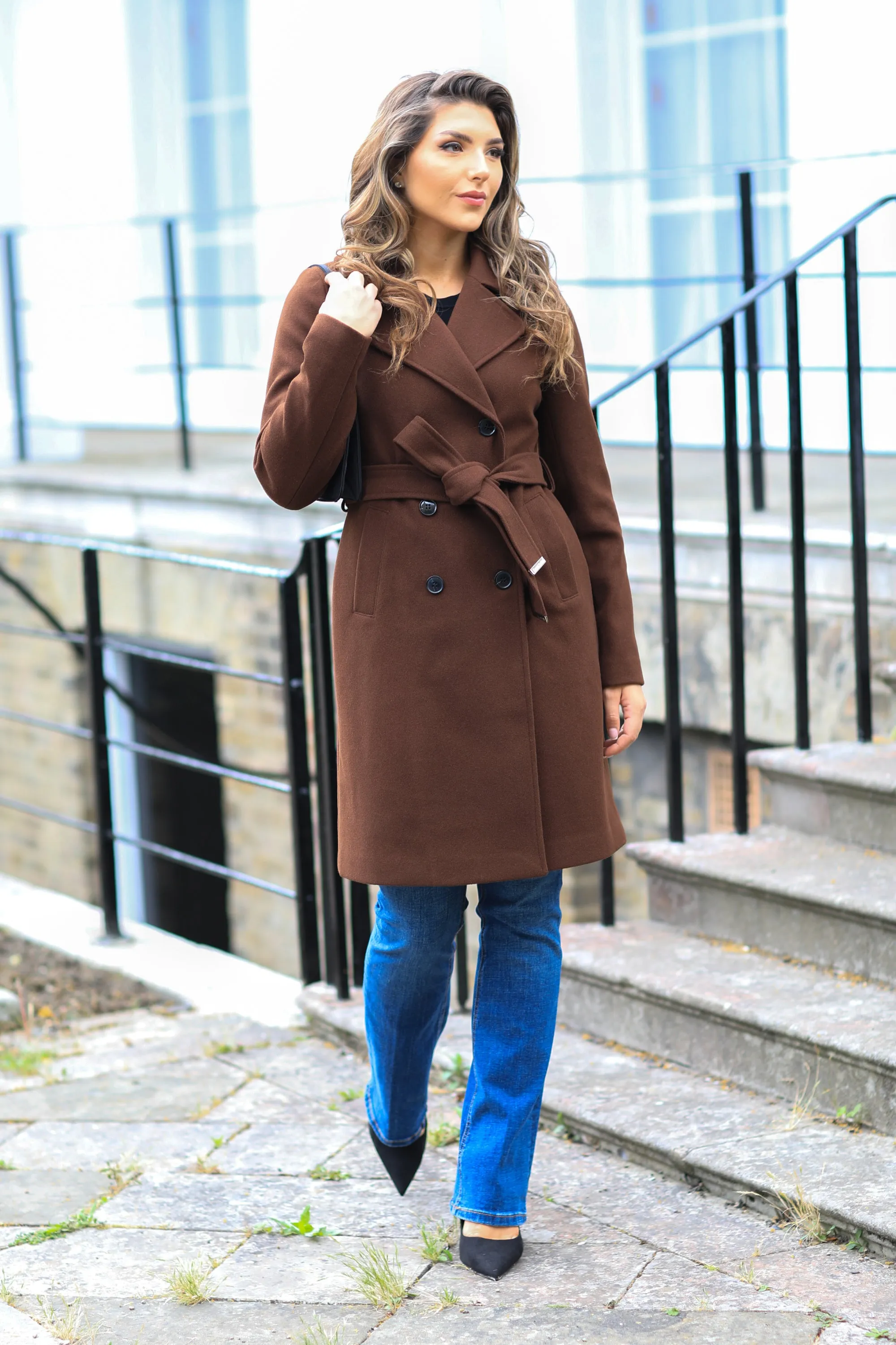 Double Second Wool Blend Collared Wrap Coat