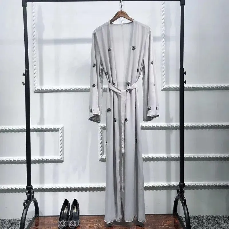 Dubai Style Open Abaya Diamond Decoration - Grey