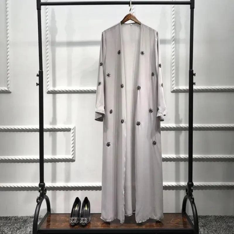 Dubai Style Open Abaya Diamond Decoration - Grey