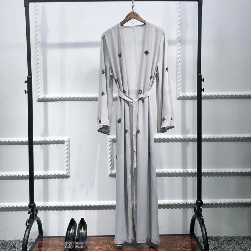 Dubai Style Open Abaya Diamond Decoration - Grey
