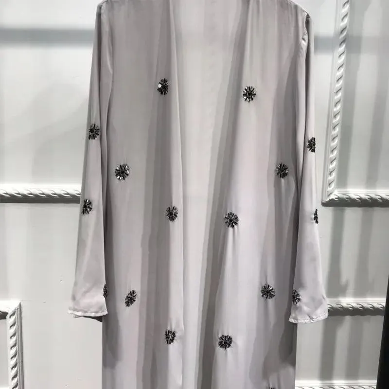 Dubai Style Open Abaya Diamond Decoration - Grey