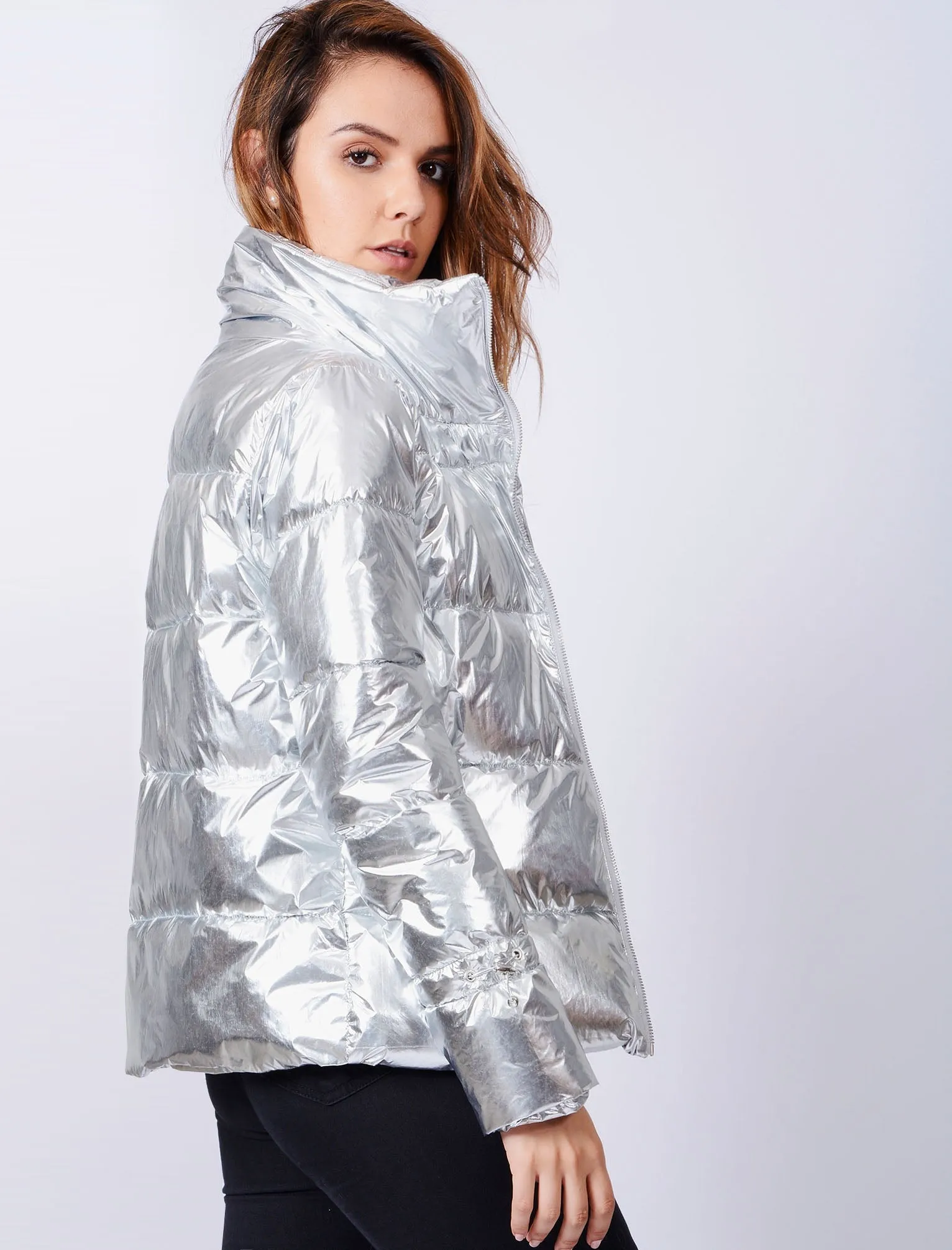 Edona Quilted Puffer Jacket in Metallic Silver - Tokyo Laundry