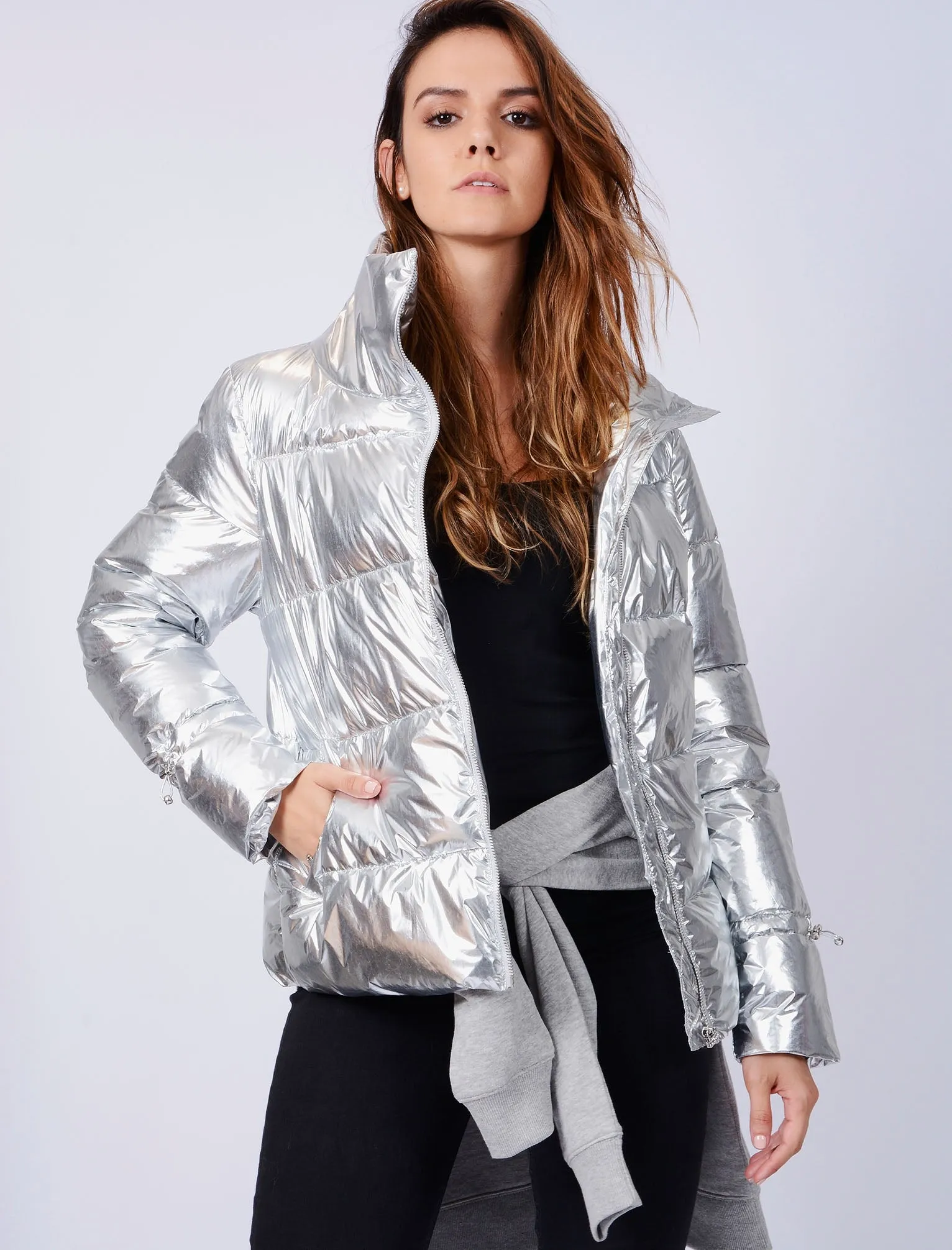 Edona Quilted Puffer Jacket in Metallic Silver - Tokyo Laundry