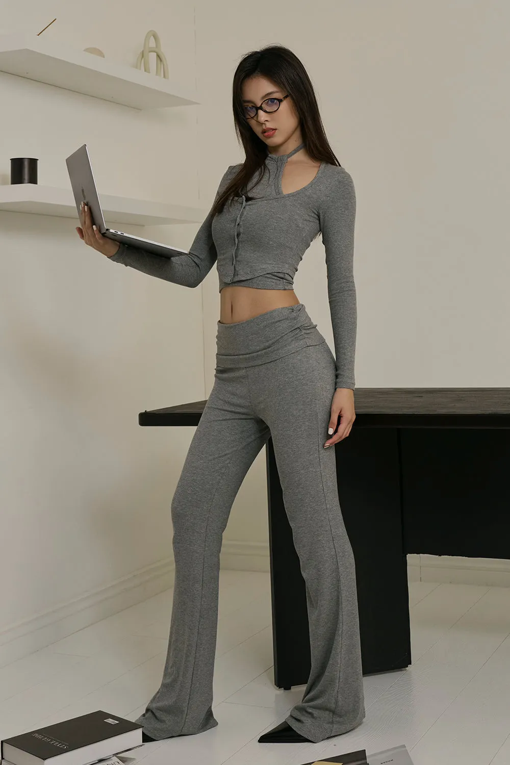 Elegant Rib Knit High Waist Pants