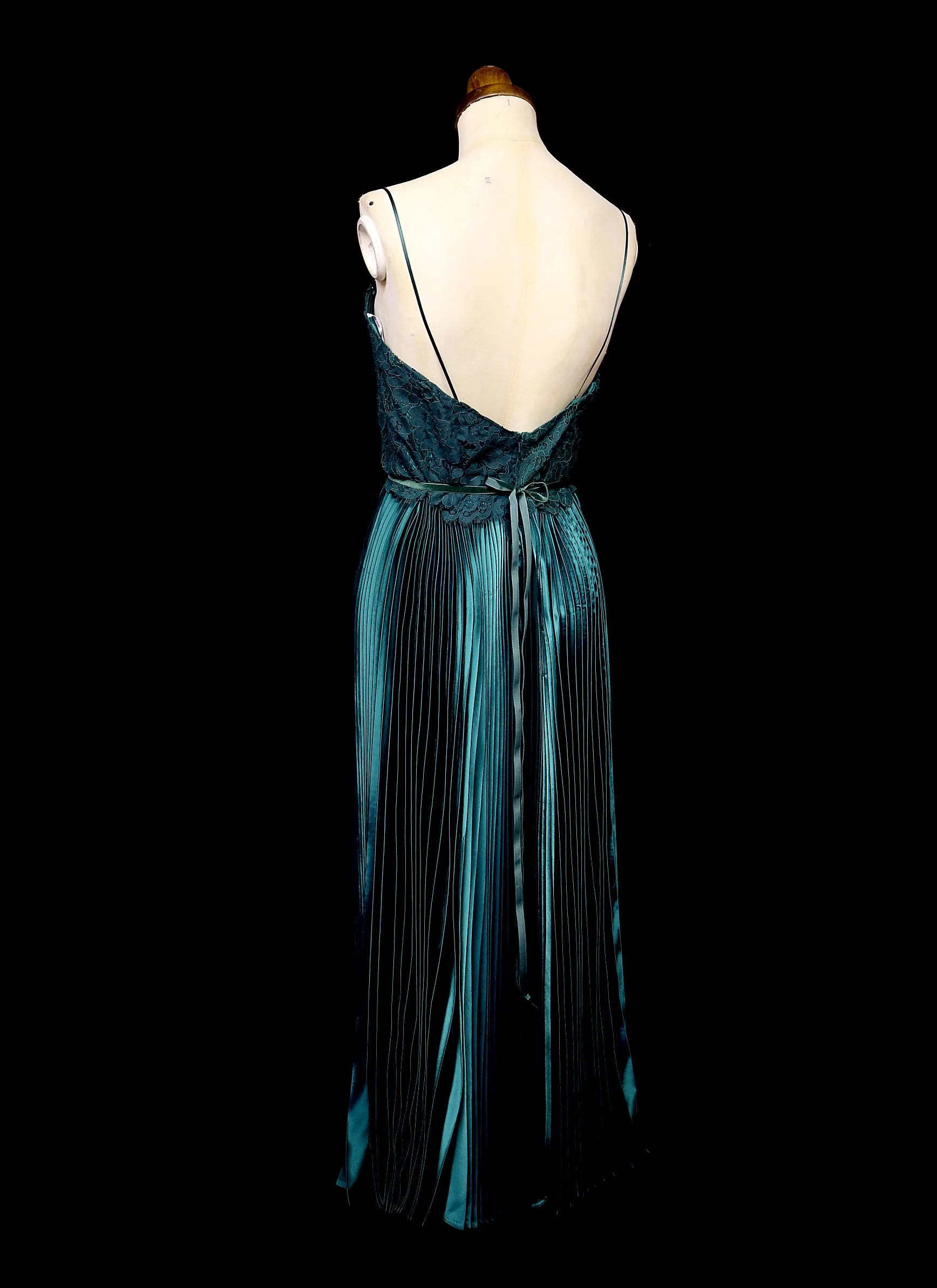 Emerald Green Pleated Satin Evening Dress