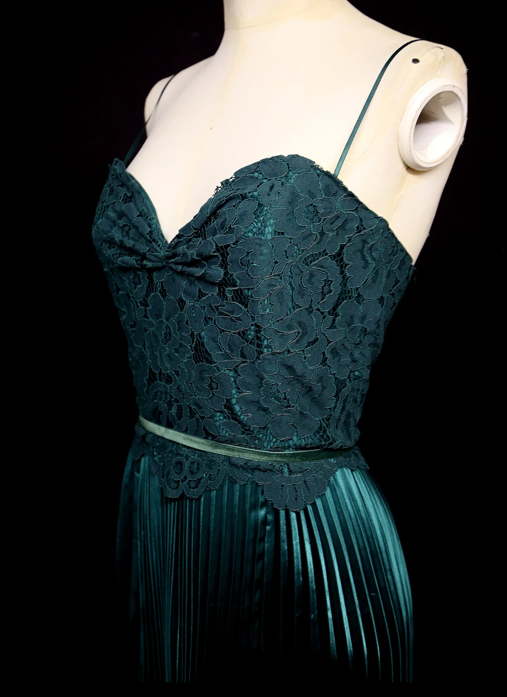 Emerald Green Pleated Satin Evening Dress