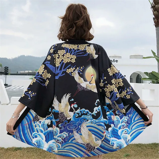 Exquisite Japanese-themed Crane Waves Women's Kimono Cardigan